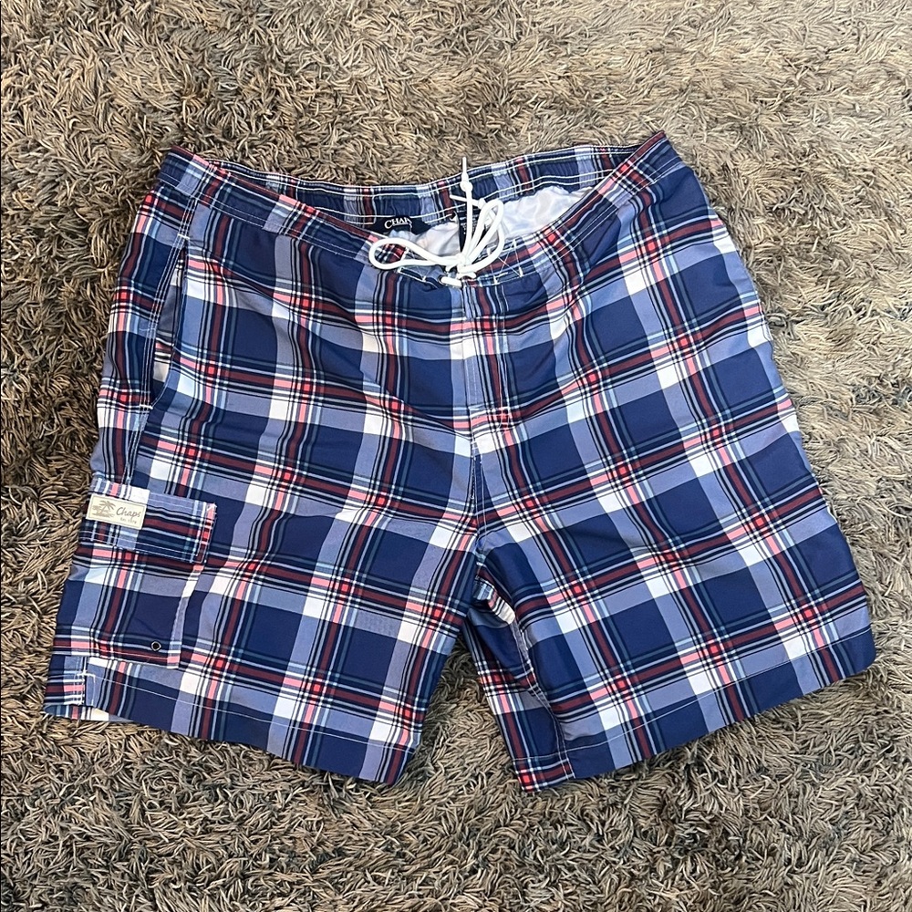 Chaps: Men's Navy and Red Plaid Board Shorts